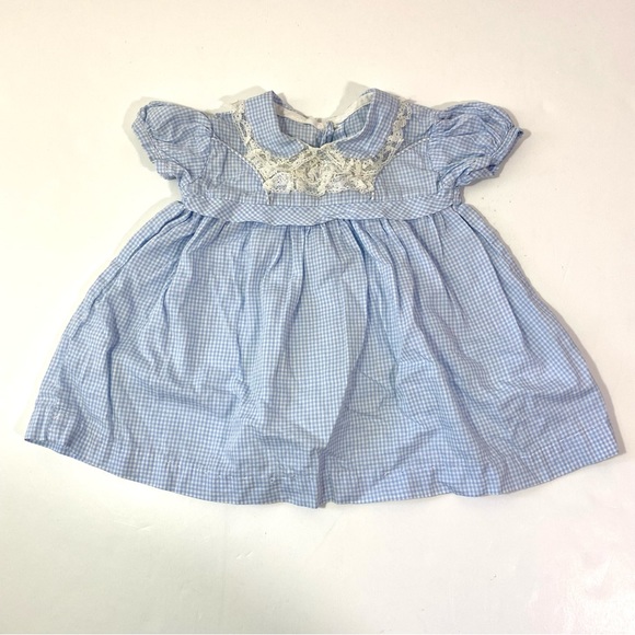 Vintage Dresses Vintage 6s Handmade Blue White Gingham Baby Dress 3 6 9 Months Checked